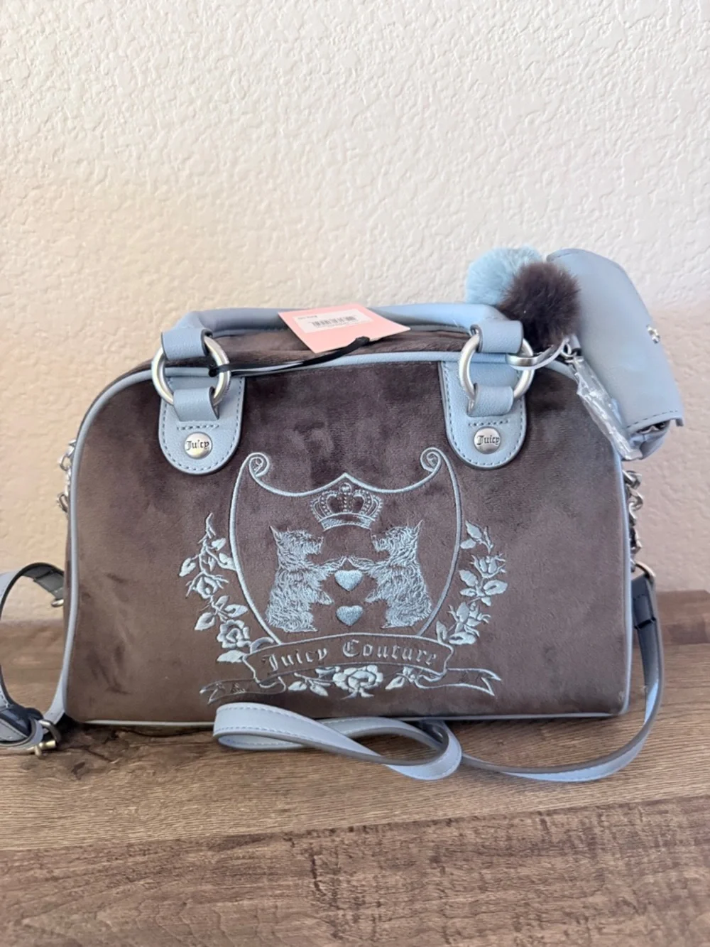 Juicy Couture Light Blue & Brown Velvet love chapter Satchel day dreamer bag